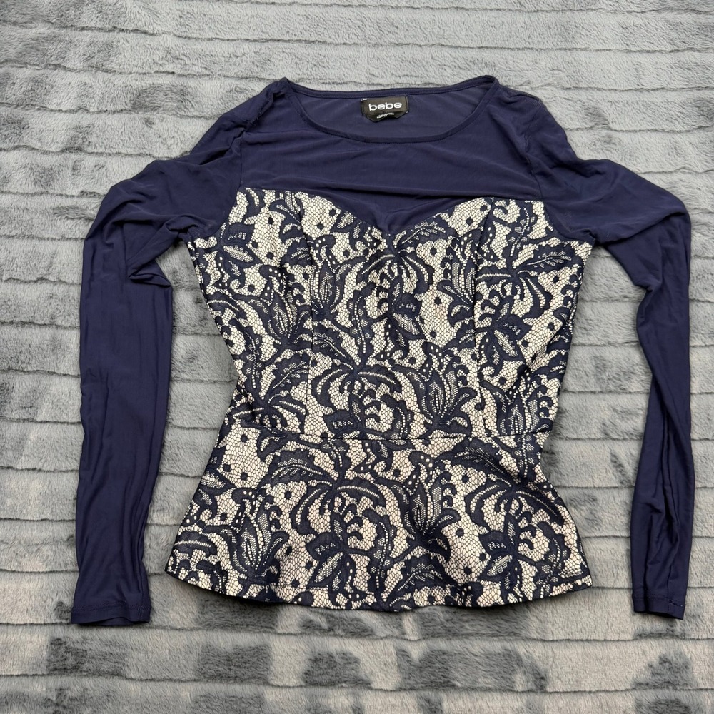 Bebe Womens Navy Blue Cream Floral Lace Peplum Top Sheer Mesh Long Sleeve Small